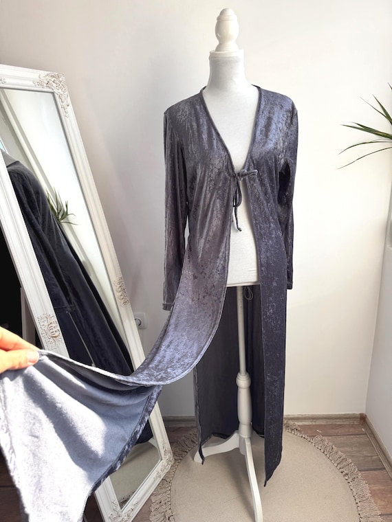 French Vintage Crushed Velvet Maxi Cardigan Duster Dress in Silver Grey, 90s Boho Tie-Front Long Robe Coat, Romantic Goth Gilet Size L/XL