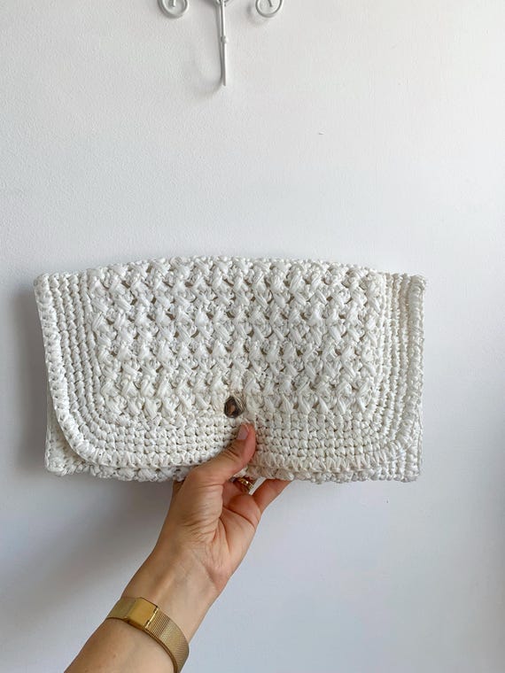 Vintage Used Minimalist White Summer Purse, Knitted Envelope Clutch, Upcycled Plastic Bags Woven Handbag, Handmade Boho Chic Crochet Purse