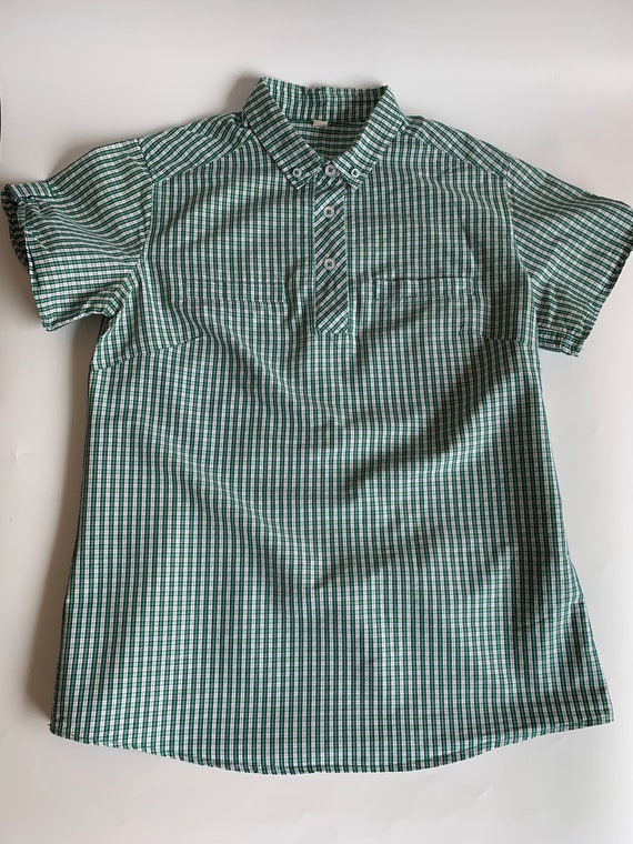 Vintage Teal Gingham Shirt for Women Size S M, Mint Green White Half Button Blouse, Short Sleeve Collared Button Up, Check Cotton 90s Top