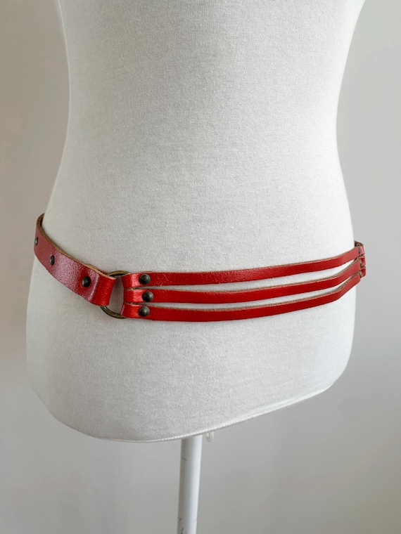 Vintage 80s Tripple Strap Real Red Leather Belt 72-89 cm / 28-35", Back Buckle Adjustable Skinny Waist Belt, Indie Aesthetic Accessory Gift