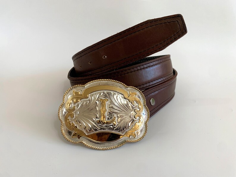 Vintage Brown Leather Cowboy Belt With Large Carved Buckle Etsy