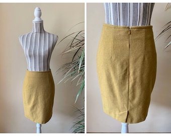 Mustard Yellow Wool Mini Skirt for Women Size S, Fall Winter Above The Knee Short Pencil Skirt, Vintage 90s Retro Fitted Bodycon Skirt