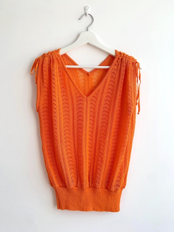 Vintage Orange Pointelle Knit Top Size M/L, Italian Open Knit Sleeveless Blouse, Retro 80s V-Neck Sweater Vest, Boho Lace Summer Knitwear