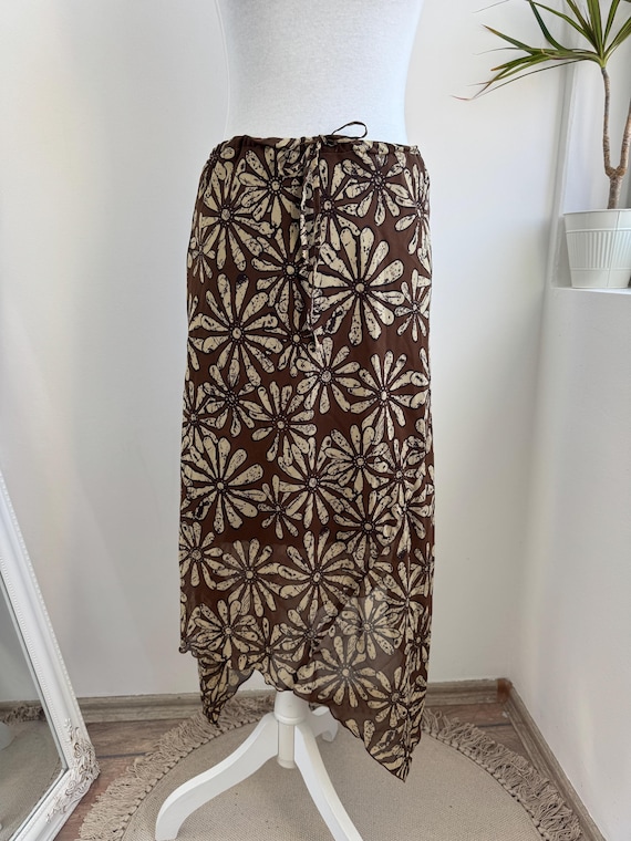 Vintage H&M Brown Floral Mesh Skirt, Asymmetrical Hem Sheer Overlay Midi Skirt, Y2K Boho Chic Beach Cover Up Tie Waist Size M L Summer Skirt