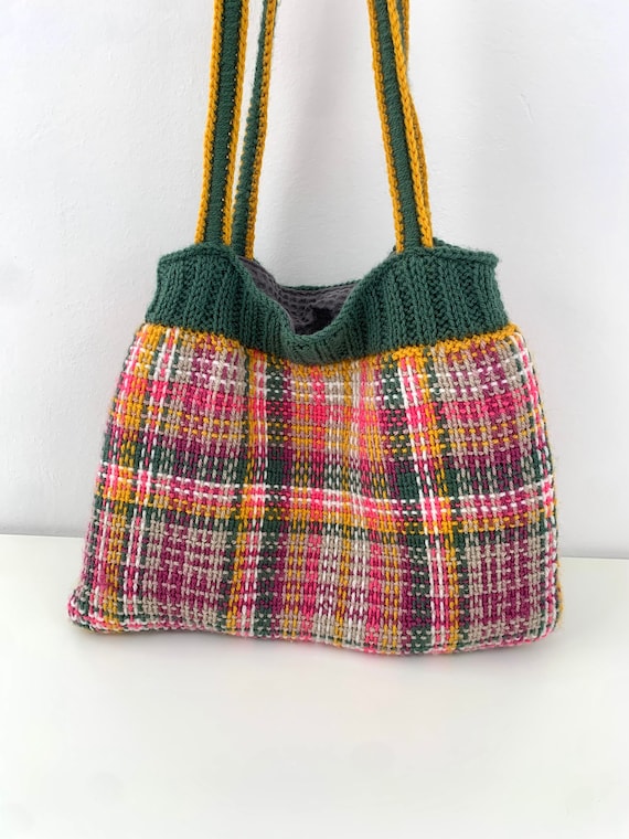 Colorful Boho Hippie Woven Open Top Tote Bag, Multi Color Knitted Shoulder Purse, Bohemian Hand Knit Shopper, Wool Textile Fabric Handbag