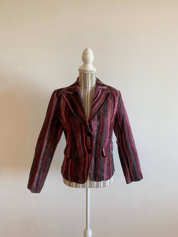 Burgundy Red Rose Pink Striped Cotton Velvet Blazer for Women Size M, Elegant Corduroy Cropped Coat, Slim Fit 2 Button Velveteen Jacket