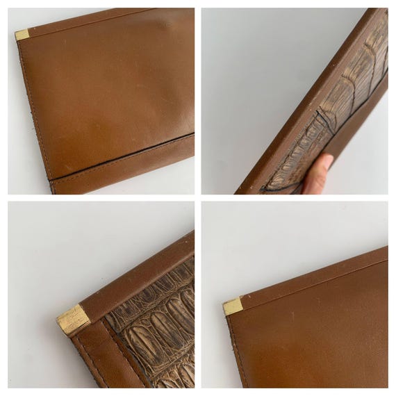 Sac Pochette Vintage Années 70 - Cuir Et Crocodile Beige Camel - Occasion Bel état