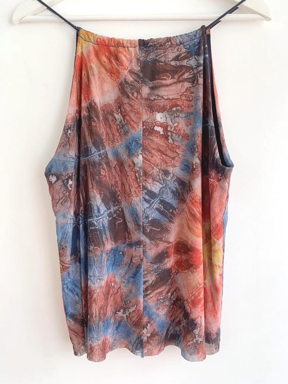 Desigual Y2K Tie Dye Mesh Cami Top Size M, Colorful Sheer Tank Top, 2000s Indie Sleaze Sleeveless Going Out Top Tie Back Adjustable Straps