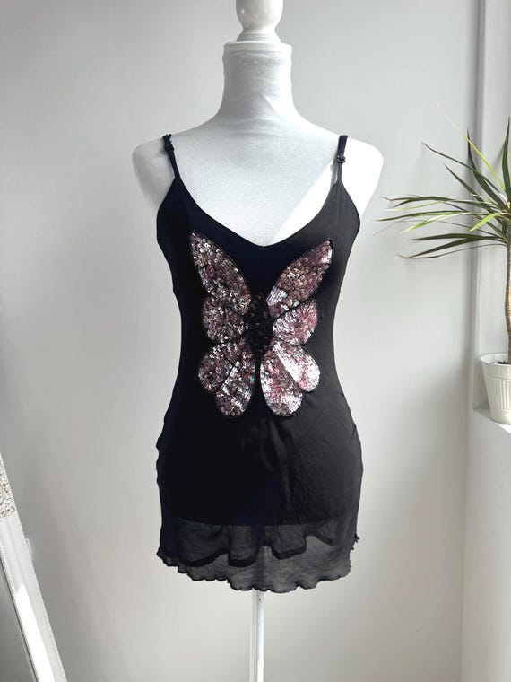 Vintage 90s Black Sequin Butterfly Cami Top, Y2K Party Tank Top, Spaghetti Strap Embellished Camisole, Beaded Slip Top Size S/M EU 38