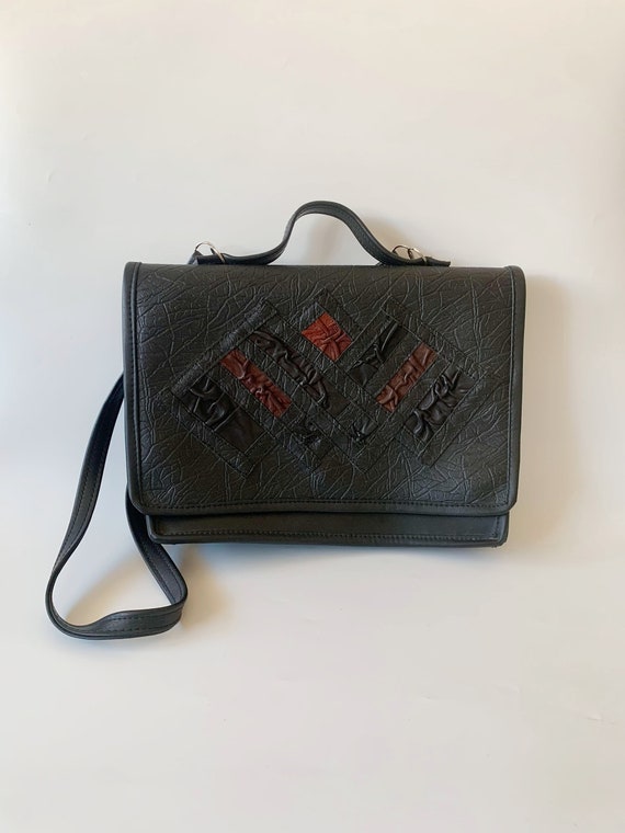 Vintage Black Vegan Leather Satchel With Brown Real Leather Decoration, Large Crossbody Bag, Vinyl Shoulder Purse, Messenger Bag for Women