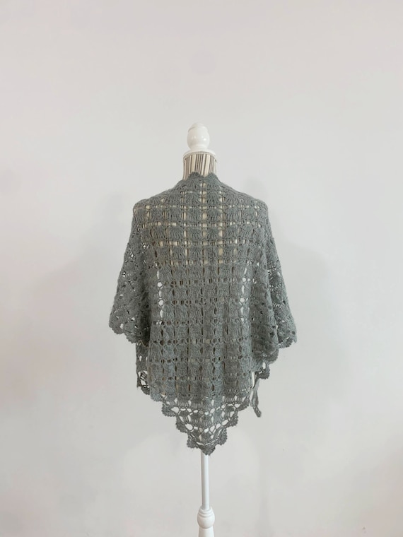 Grey Triangle Shawl, Lace Crochet Shawl, Knitted Mohair Shawl Wrap, Warm Wool Piano Shaw, Sheer Mesh Festival Scarf, Soft Boho Wrap