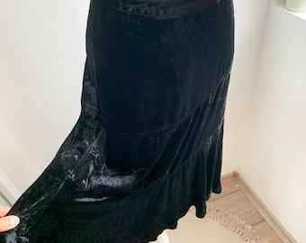 Saia midi de veludo com mistura de seda e viscose preta para mulheres EU38 US8 S/M, saia vintage de veludo com camadas evasê dos anos 90 Y2K, saia grunge de pelúcia de cintura alta