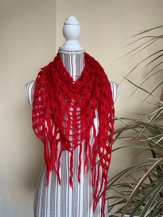 Red Mohair Crochet Shawl, Whimsigoth Triangle Scarf, Coquette Red Lace Wrap, Vintage Grannychic Boho Fringed Shawl, 90s Sheer Fishnet Stole