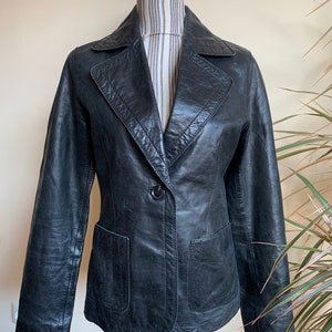 Vintage 90s Black Leather Blazer for Women, Bohemian Distressed Leather Single Button Blazer, Slim Fit Real Leather Blazer Jacket Size S M