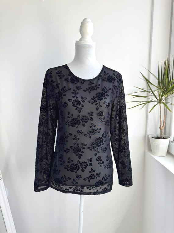 Vintage Black Velvet Flocked Rose Mesh Top, Sheer Floral Long Sleeve Blouse, Y2K Dark Romantic Gothic Top , Goth Going Out Top Womens M L