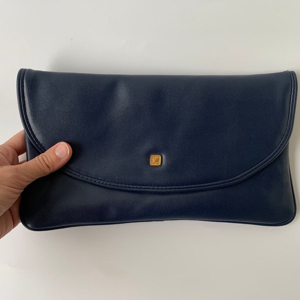 Vintage Navy Blue Clutch Purse, Dark Blue Faux Leather Bag, Small Evening Envelope Purse, Minimalist Pouch, 80s Handbag, Retro Clutch Wallet