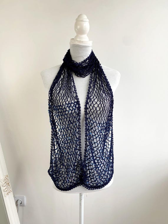 Vintage Mexx Navy Blue Sequin Mesh Scarf, Y2K Crochet Fishnet Evening Wrap, Sparkly Dark Blue Skinny Scarf, 90s Boho Chic Mermaidcore Shawl