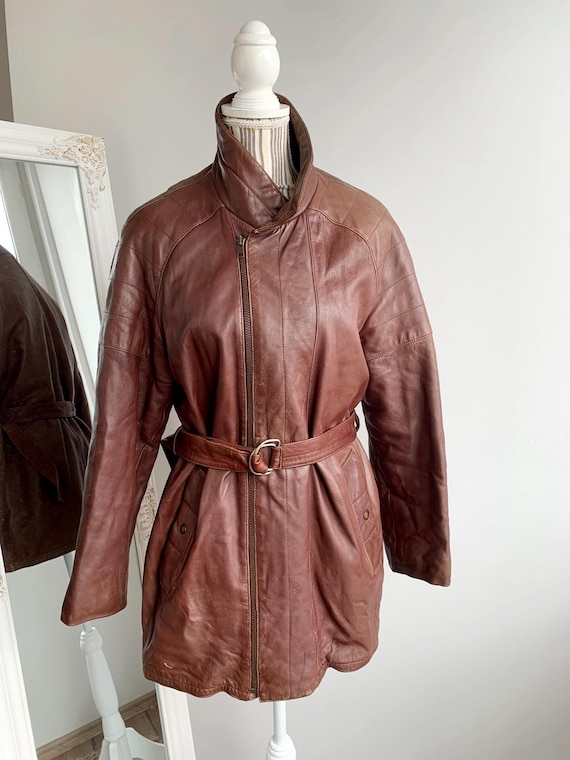 Vintage 80s Cognac Brown Leather Jacket Size M/L, Distressed Real Leather Coat, Women's Belted Leather Coat, Long Bulky Leather Jacket
