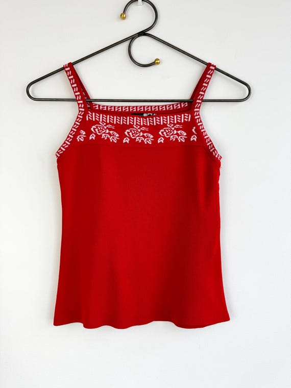Vintage 90s Red Knit Camisole Top Mezzo Made in Italy, Fair Isle Rose Pattern Spaghetti Strap Tank Top, Y2K Stretch Ribbed Vest Size XS/ S