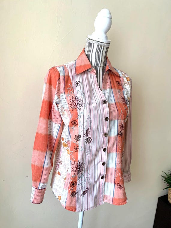 Vintage 90s Orange Collared Shirt S/M, Floral Button Up for Women, Boho Embroidery Shirt, Long Sleeve Cotton Top, Hippie Patchwork Blouse