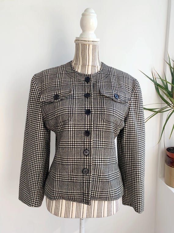 Vintage Italian 100% Virgin Wool Blazer Jacket Women's S, Black and White Houndstooth Plaid Crop Coat, Retro Coexis 90s Designer Wool Jacket