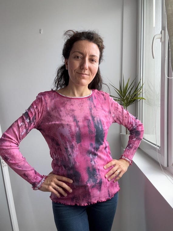 Reversible Mesh Top, Y2K Double Layer Sheer Floral Print Long Sleeve Top, 2000s Pink White Abstract Stretchy Ruffle Hem Blouse Size M L