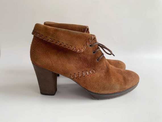 Brown Suede Boots Size UK 6 / EUR 39 / US 8, Western Ankle Boots, Lace Up Boots, Short Leather Boots, Tie Up Boots, High Heel Oxford Shoes