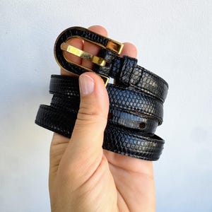 May include: A black belt with a textured, reptilian-like pattern and a polished gold-tone metal buckle. The belt is coiled, showing multiple layers of the strap and the metallic hardware, which features a rounded, U-shaped frame design.