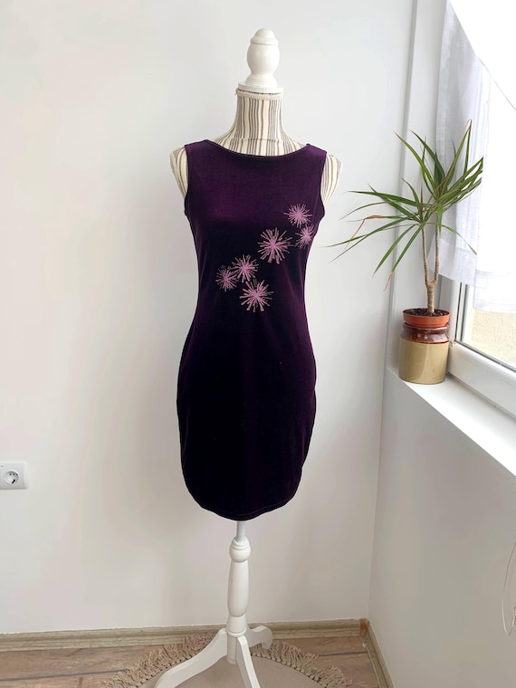 Vintage Eggplant Velvet Dress Size S, 90s Y2K Glitter Dress, Purple Sparkle Mini Dress, Stretch Party Dress, Fitted Sleeveless Tank Dress