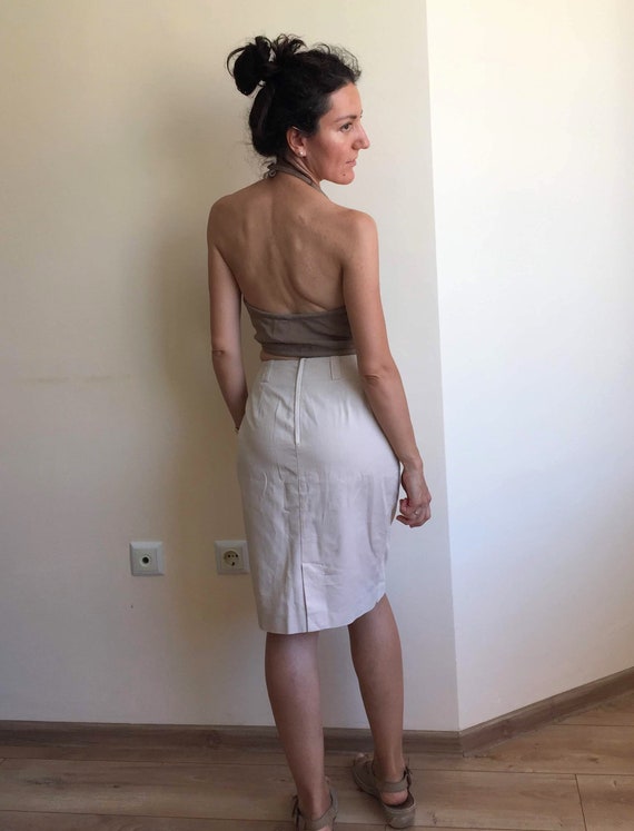 Vintage Knee Length Back Slit Tan Beige Pencil Skirt, Ecru Fitted Cotton Skirt, Unlined Secretary Wiggle Skirt, 80s Summer Office Skirt