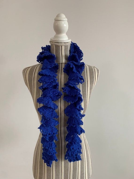 Dark Blue Crochet Ruffled Scarf, Long Spiral Crochet Scarf, Bulky Lace Marabou Neck Warmer, Wool Blend Muffler, Unique Chunky Knit Scarf