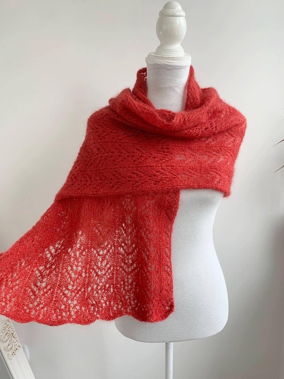 Vintage Dark Coral Soft Mohair Lace Shawl, Boho Chic Fluffy Sheer Knit Scarf, Warm Cozy Salmon Red Wool Stole, Bohemian Knitted Mesh Wrap