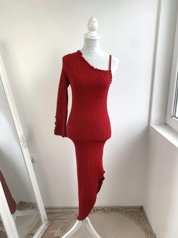 Vintage 90s Red Lurex Rib Knit Dress, Asymmetrical One Shoulder Mini Midi Dress, Fitted Bodycon Party Club Wear, Y2K Sirencore Glam Vintage