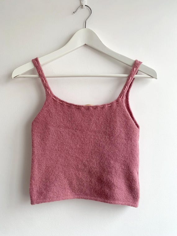Vintage Pink Alpaca Knit Camisole Top, Y2K Italian Massimo Rebecchi Ribbon Detail Tank Sweater, Coquette Aesthetic Soft Wool Knit Crop Top