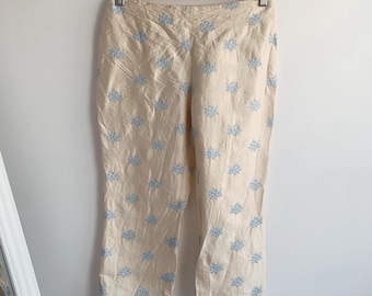 Vintage SEVENTY Made in Italy 100% Silk Cropped Pants Size XS, Cream Embroidered Capri Trousers, Elegant Summer Satin Bermuda Shorts