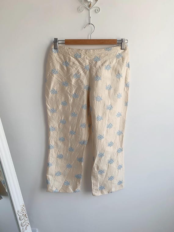 Vintage SEVENTY Made in Italy 100% Silk Cropped Pants Size XS, Cream Embroidered Capri Trousers, Elegant Summer Satin Bermuda Shorts