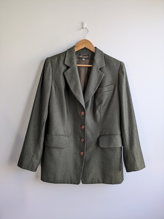 Vintage Cashmere Pure Wool Blazer for Women Size M L, Olive Green Tweed Blazer, Herringbone Blazer Coat, Relaxed Fit Autumn Suit Jacket