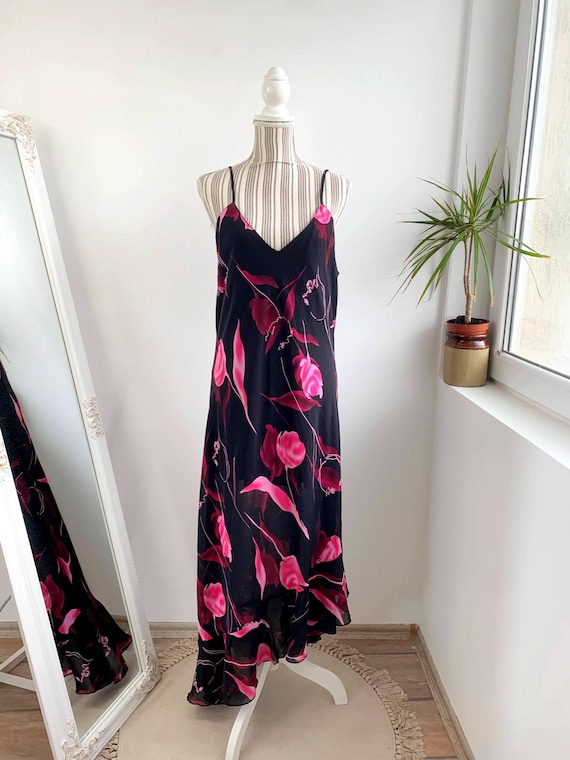 Vintage Sleeveless Chiffon Dress Size XXL, Black Hot Pink Y2K Dress, Floral Sleeveless Maxi Dress, 90s Prom Dress, Asymmetrical Evening Gown