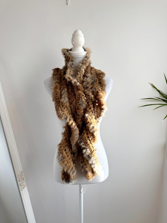 Vintage Real Rabbit Fur Scarf, Honey Brown Chunky Crochet Winter Shawl, Boho Chic Fur Trimmed Scalloped Knitted Scarf, Y2K Winter Accessory