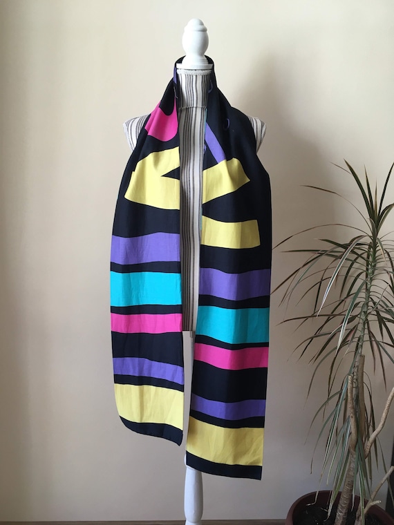 Vintage 80s Color Block Scarf, Bright Multi Color Narrow Scarf, Women's Long Colorful Neck Scarf, Purple, Pink, Blue, Yellow Geometric Scarf