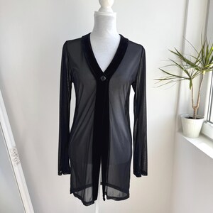 Tchin Tchin Paris Black Sheer Mesh Velvet Trim Cardigan, 90s French Vintage Open Front Long Jacket Size M L, See Through Layering Piece