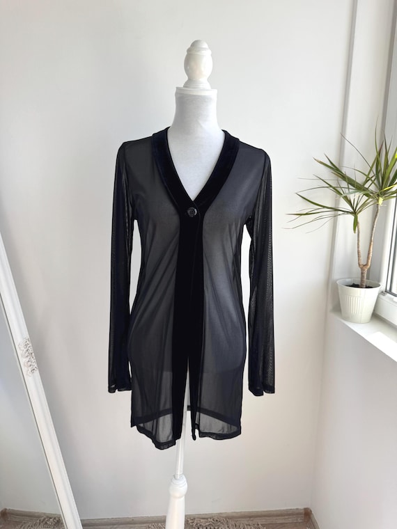 Tchin Tchin Paris Black Sheer Mesh Velvet Trim Cardigan, 90s French Vintage Open Front Long Jacket Size M L, See Through Layering Piece