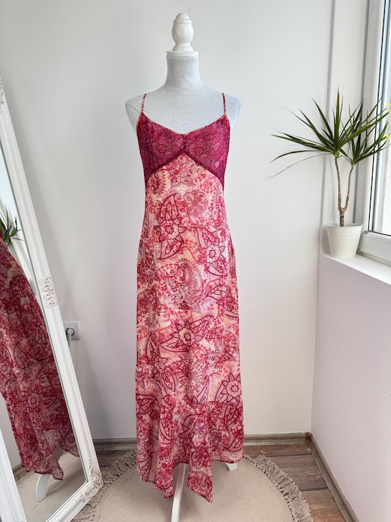 Vintage Mexx Maxi Dress Size EU 38 M, Y2K Red Paisley Mesh Long Slip Dress, Asymmetrical Hem Boho Fairy Core Summer Dress, Overlay Gown