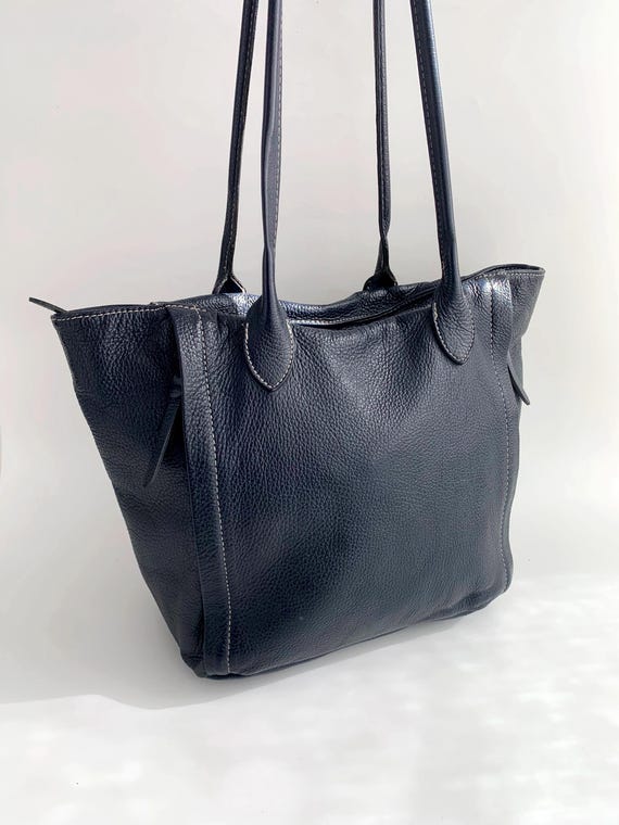 Vintage 90s Dark Navy Blue Real Leather Tote Bag, Everyday
