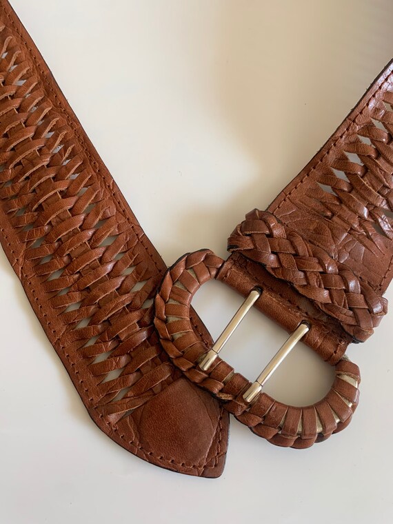 Vintage Bohemian Hippy Distressed Cognac Brown Woven Braided Leather Bel… Brown Woven Leather Belt for Women 85 Cm 34 main image 4