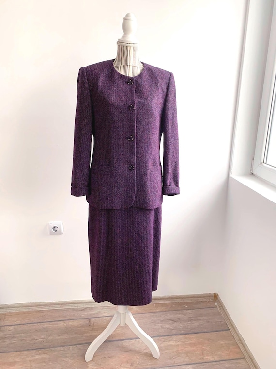 Vintage Purple Wool Tweed Skirt Suit Size L, 90s German Two Piece Set, Delmod City Combi Blazer and Pencil Skirt, Dark Academia Outfit Women