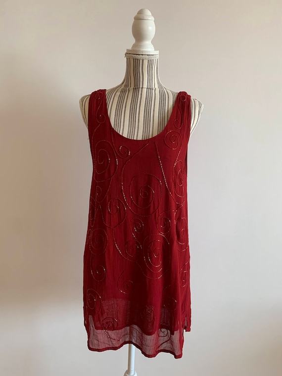 Vintage 90s Beadwork Tunic Top Size M, Indian Sheer Chiffon Layered Tank Top, Beaded Loose Fit Tunic Top, Burgundy Red Sleeveless Tunic