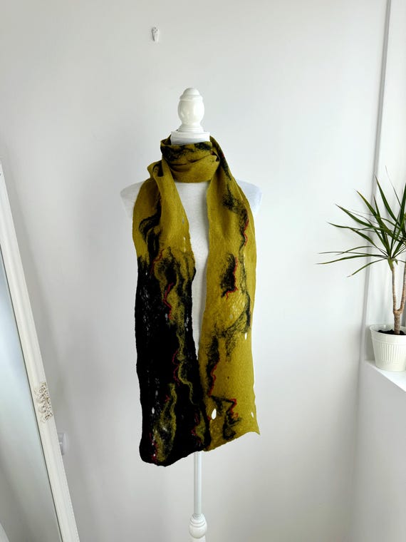 Vintage Handmade Nuno Felted Wool Scarf Olive Green Black Abstract Fiber Art Long Neck Warmer Unique Artisan Winter Wrap Boho Felt Accessory