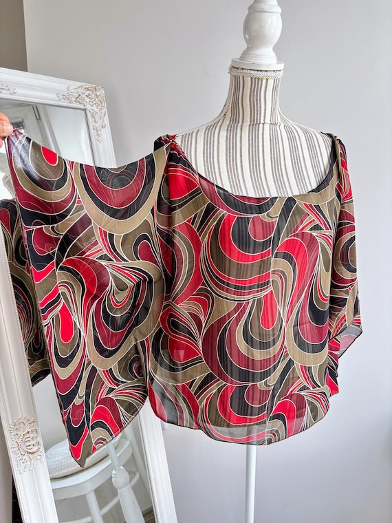 Vintage 90s Abstract Mesh Overlay Top, Abstract Sheer Blouse for Women, Khaki Burgundy See Through Shirt, Kimono Sleeves Mesh Grunge Tunic