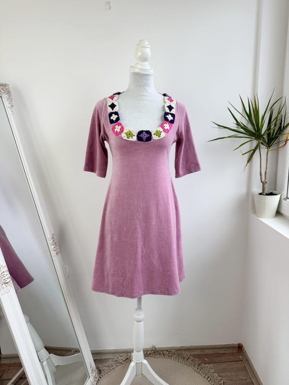 Vintage Pink Velvet Dress, Boho Grunge Mini Dress, 60s 70s Style Hippie Dress, Y2K Velour Short Sleeve Tunic Granny Square Crochet Neckline